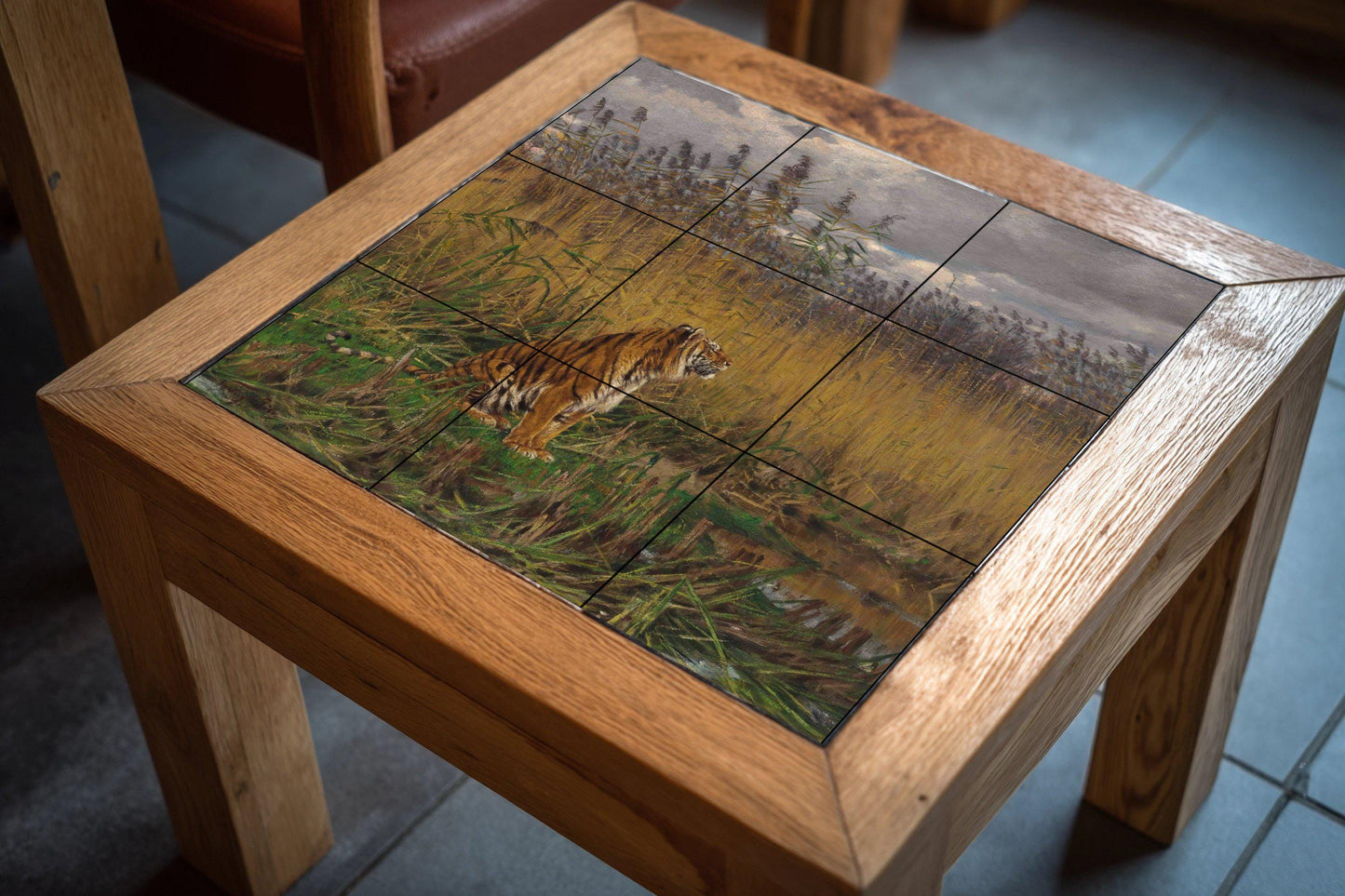 "Tiger Among the Reeds" Tile Mural – Ceramic Wildlife Panel with Swamp Scene – Atmospheric Animal Art – Jungle Wall Decor for Nature Lovers