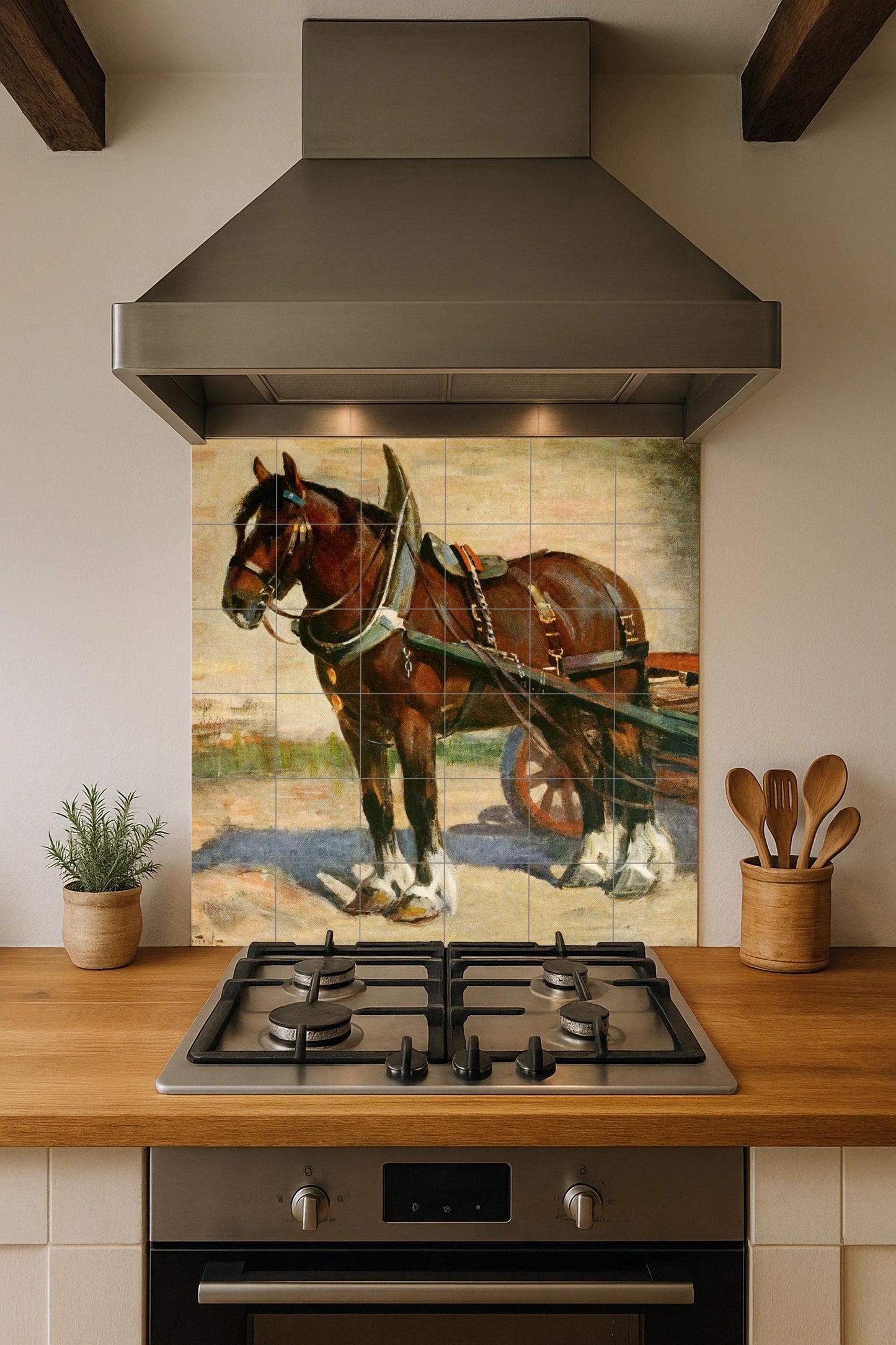 Draft Horse Tile Mural – Rustic Farm Animal Ceramic Panel – Vintage Equestrian Wall Art – Country Decor with Working Horse and Cart