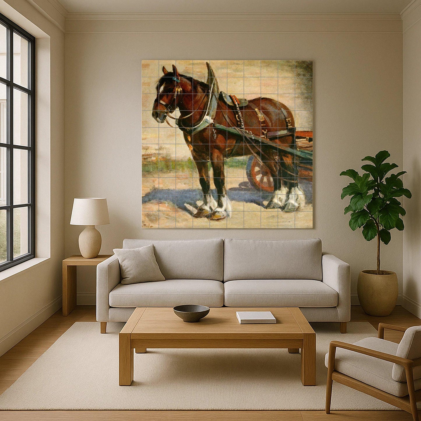 Draft Horse Tile Mural – Rustic Farm Animal Ceramic Panel – Vintage Equestrian Wall Art – Country Decor with Working Horse and Cart
