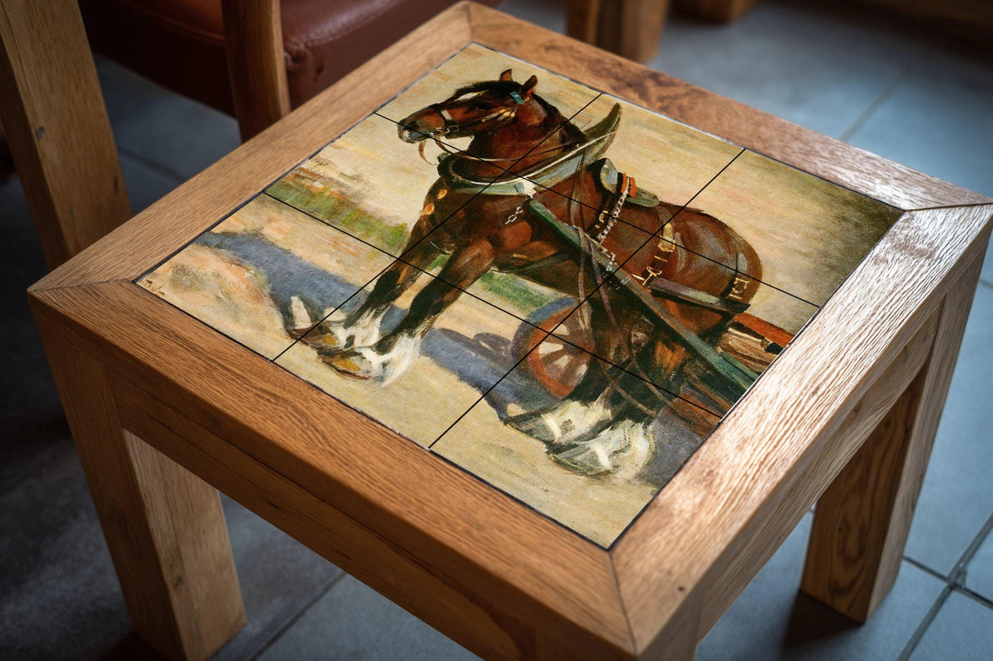 Draft Horse Tile Mural – Rustic Farm Animal Ceramic Panel – Vintage Equestrian Wall Art – Country Decor with Working Horse and Cart