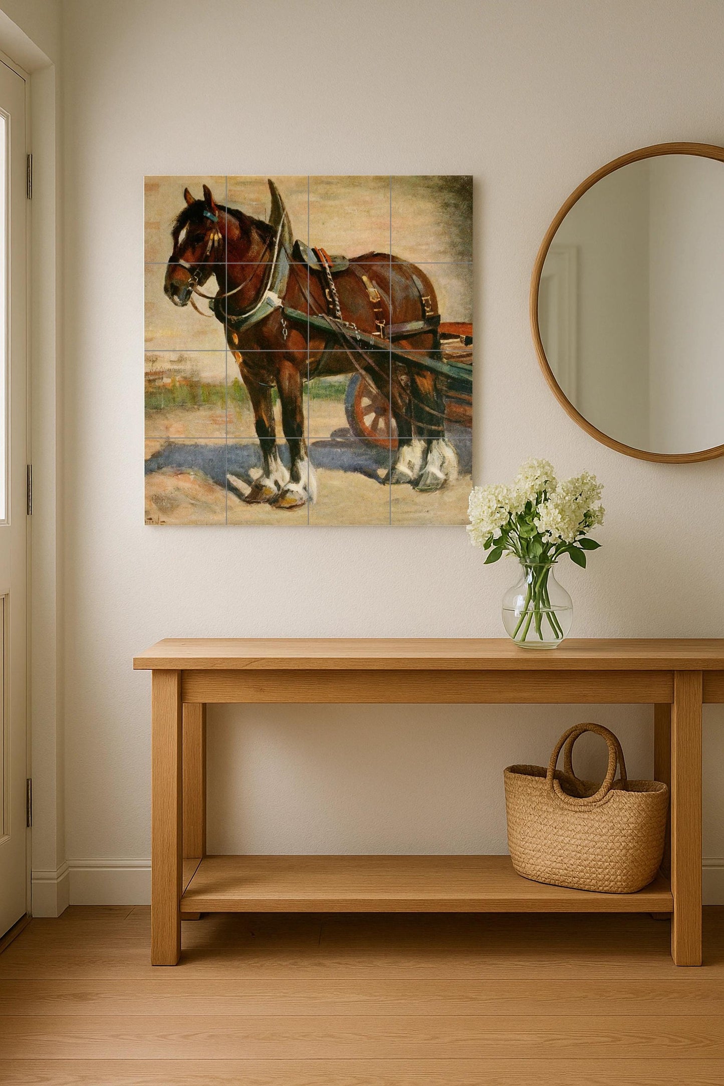 Draft Horse Tile Mural – Rustic Farm Animal Ceramic Panel – Vintage Equestrian Wall Art – Country Decor with Working Horse and Cart