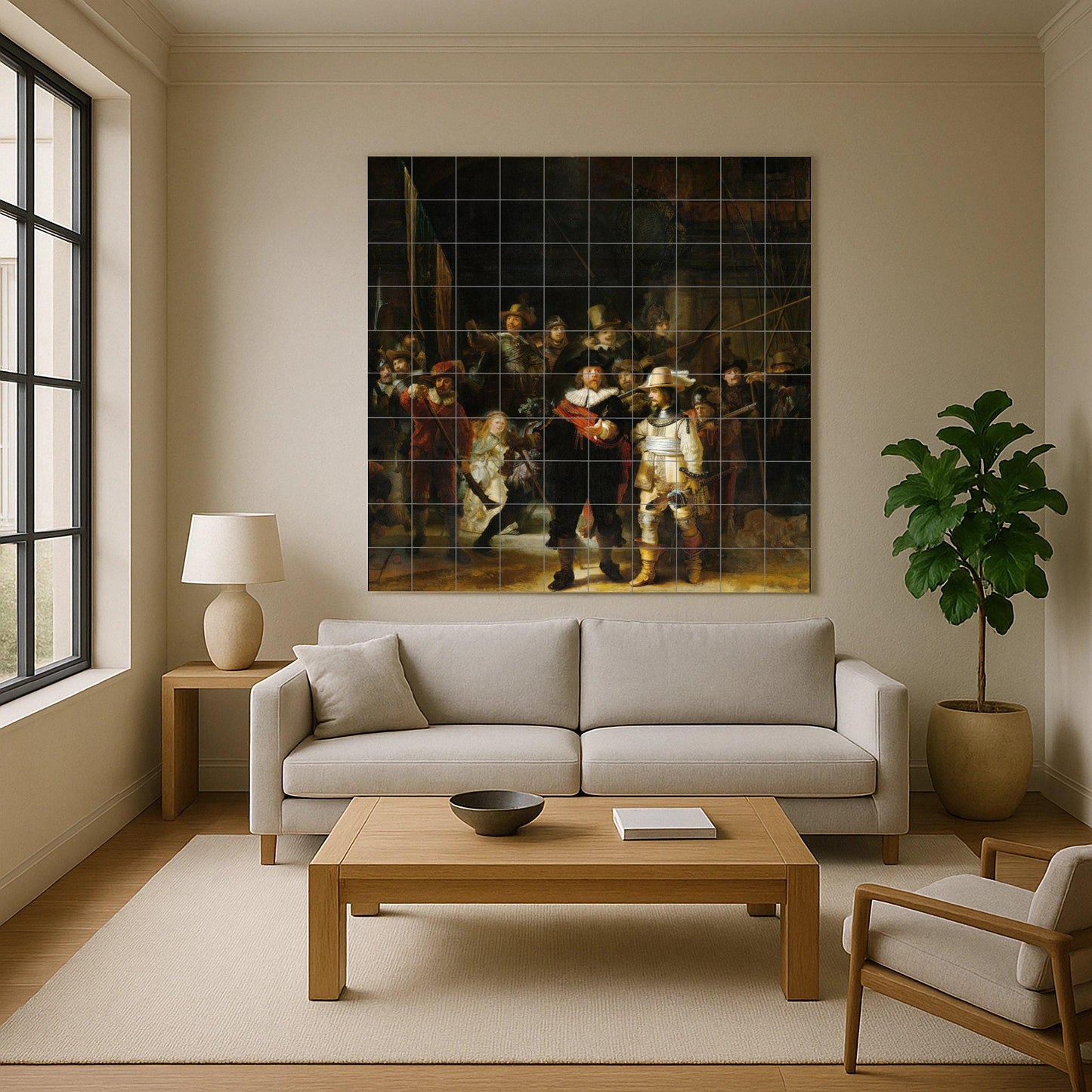 The Night Watch tile mural: ceramic panel, masterpiece by Rembrandt, Dutch Golden Age art, historic baroque decoration for elegant homes.