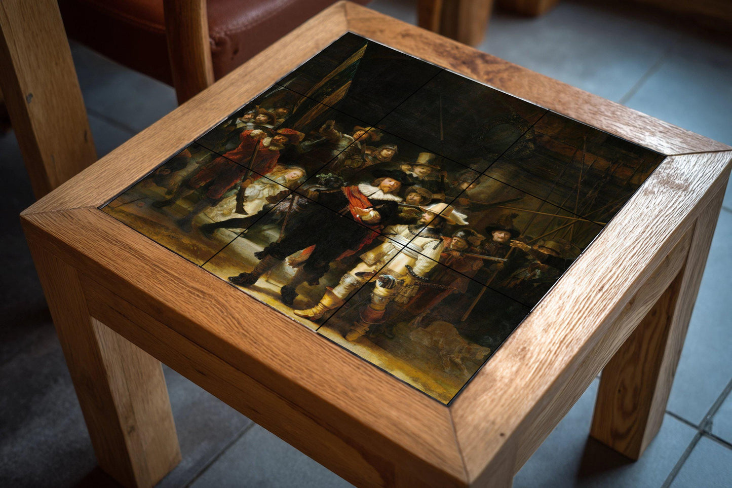 The Night Watch tile mural: ceramic panel, masterpiece by Rembrandt, Dutch Golden Age art, historic baroque decoration for elegant homes.