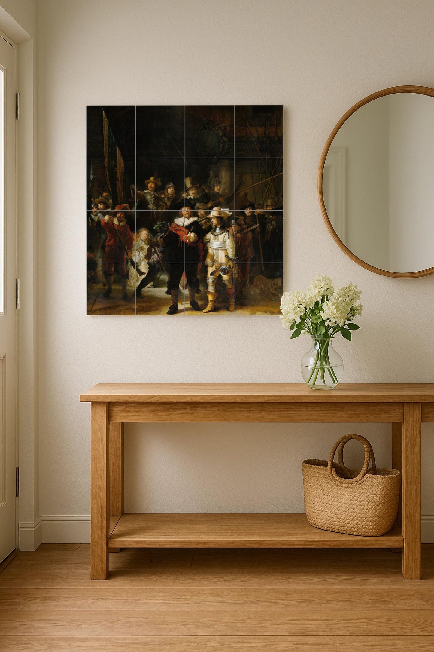 The Night Watch tile mural: ceramic panel, masterpiece by Rembrandt, Dutch Golden Age art, historic baroque decoration for elegant homes.