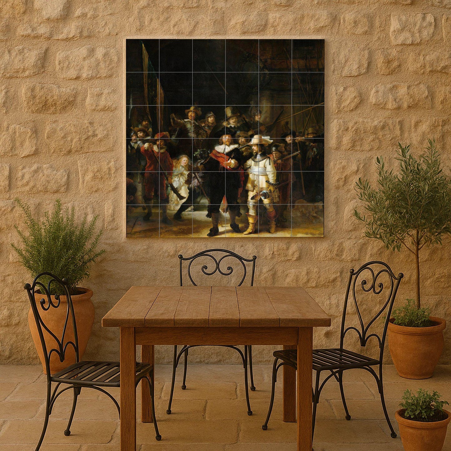 The Night Watch tile mural: ceramic panel, masterpiece by Rembrandt, Dutch Golden Age art, historic baroque decoration for elegant homes.