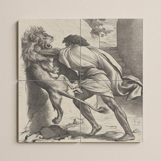 Samson and the Lion Tile Mural: Classic black and white ceramic panel, biblical scene of strength, antique graphic wall art for study.