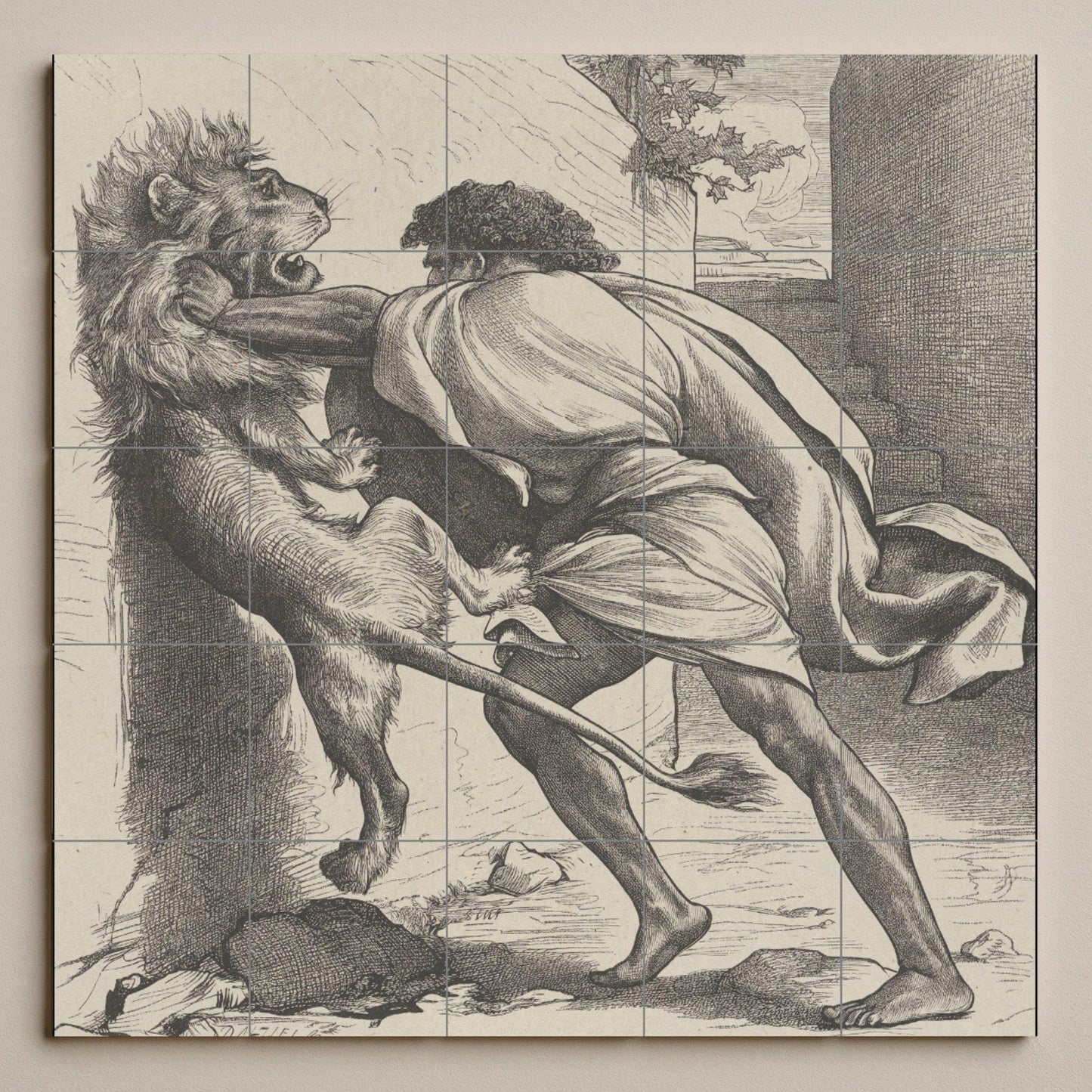 Samson and the Lion Tile Mural: Classic black and white ceramic panel, biblical scene of strength, antique graphic wall art for study.