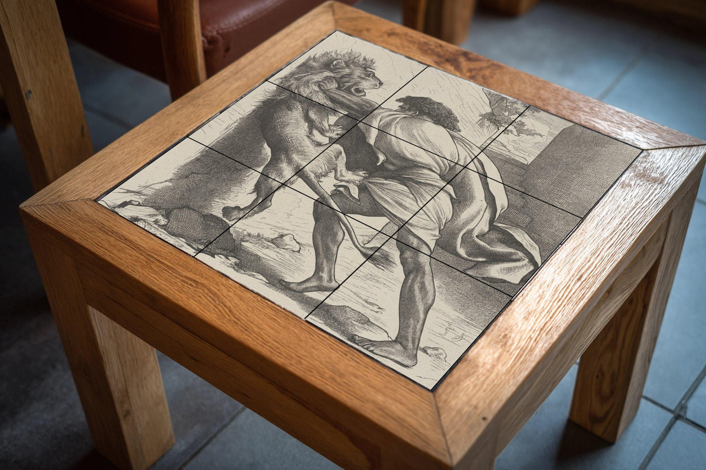 Samson and the Lion Tile Mural: Classic black and white ceramic panel, biblical scene of strength, antique graphic wall art for study.