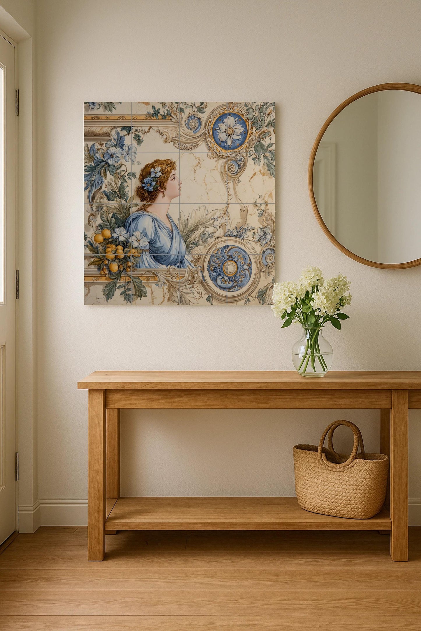 Neoclassical tile mural with ladies – Blue floral ceramic panel – Wall art inspired by Roman goddesses – Elegant vintage decor with ornate frame