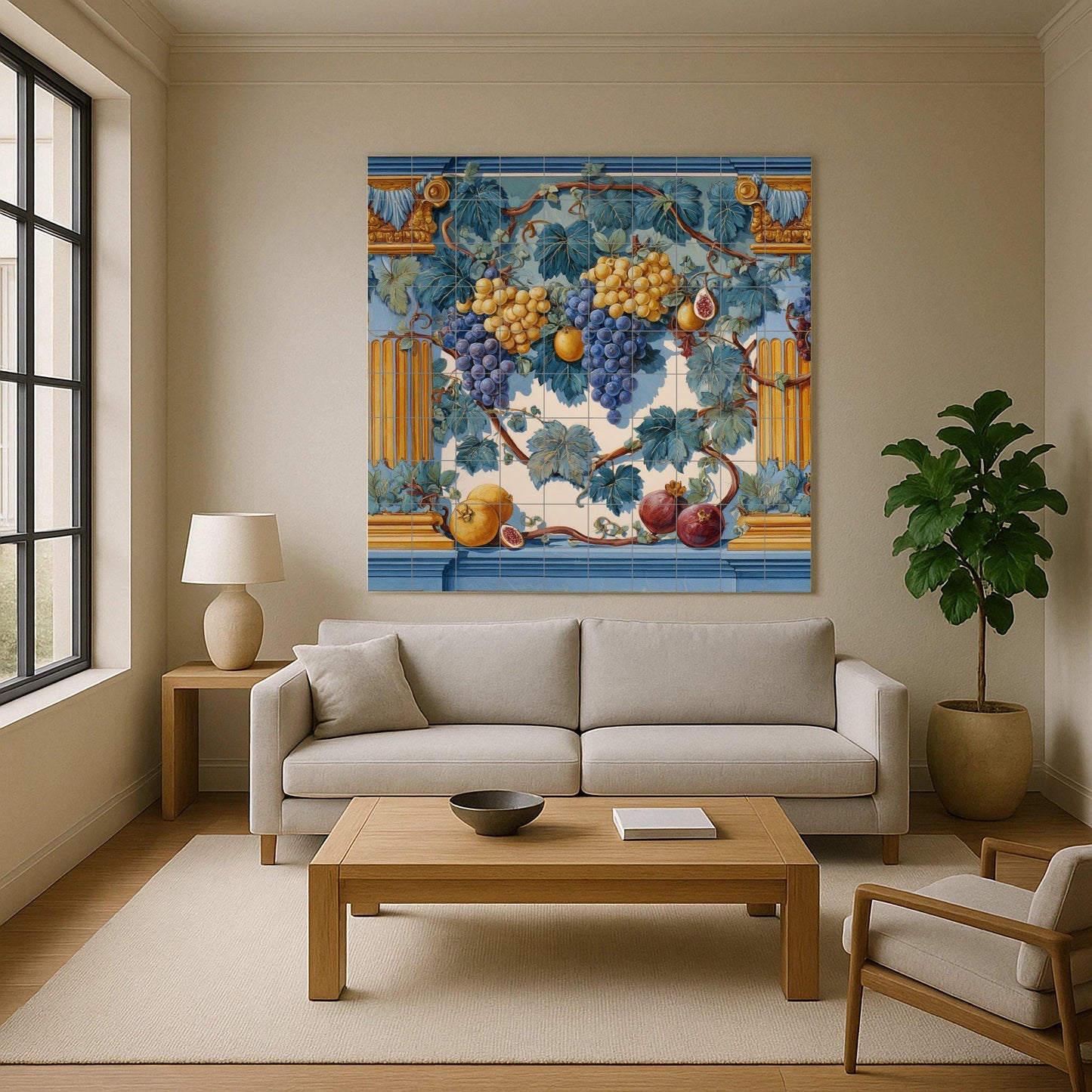 Tile mural with fruit garland: Classic blue and gold ceramic panel featuring grapes, figs, and pomegranates. Roman-inspired wall art for elegant spaces.