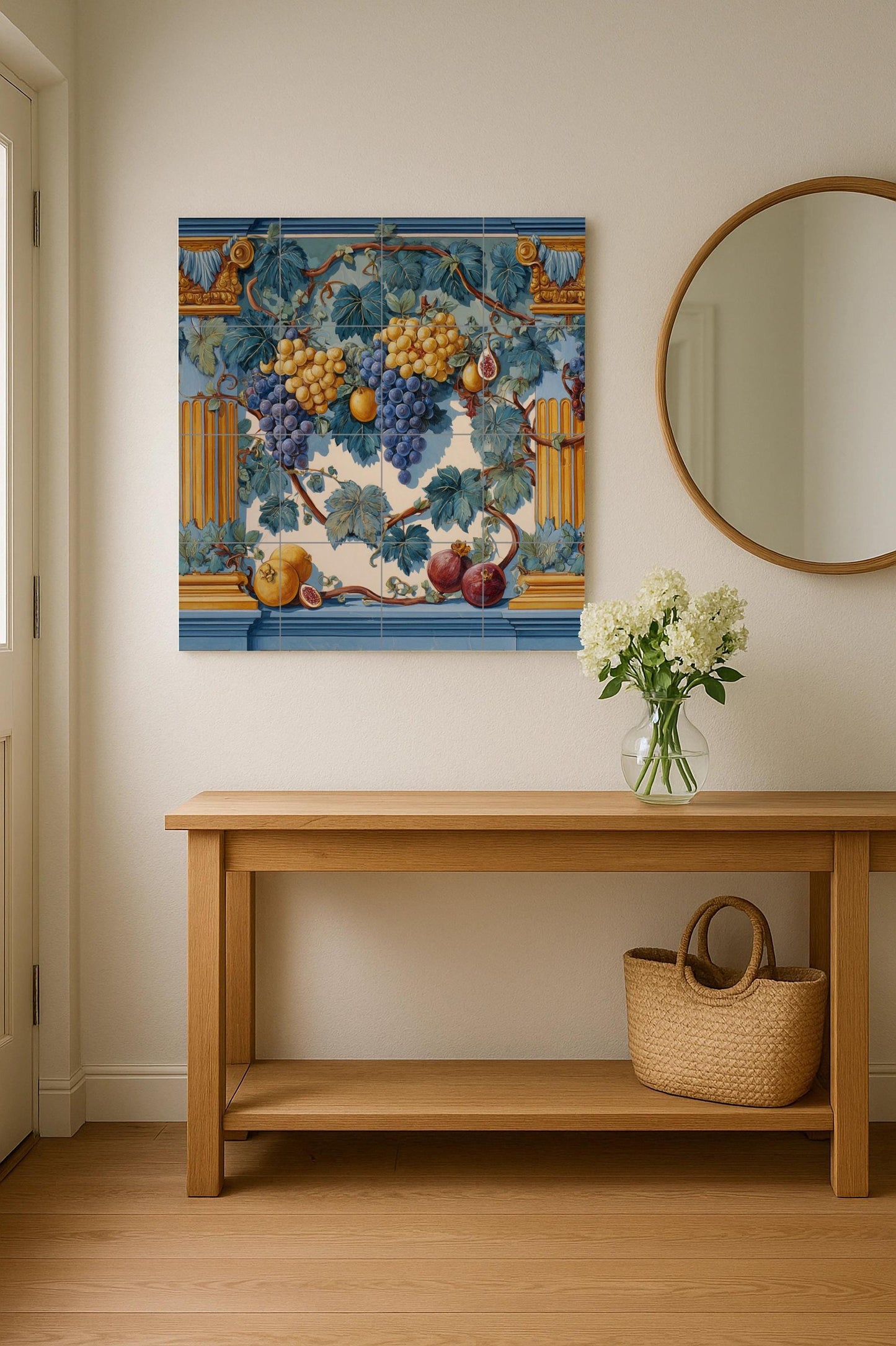 Tile mural with fruit garland: Classic blue and gold ceramic panel featuring grapes, figs, and pomegranates. Roman-inspired wall art for elegant spaces.