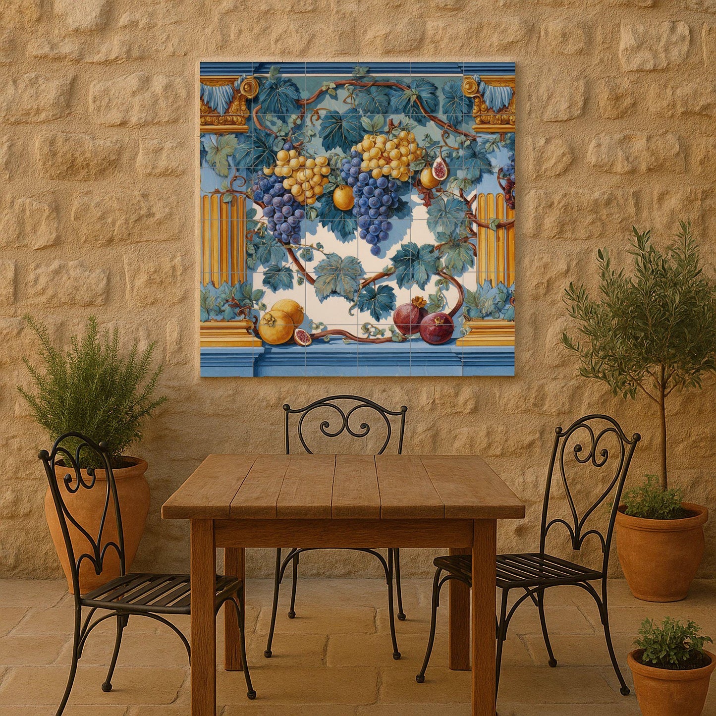 Tile mural with fruit garland: Classic blue and gold ceramic panel featuring grapes, figs, and pomegranates. Roman-inspired wall art for elegant spaces.