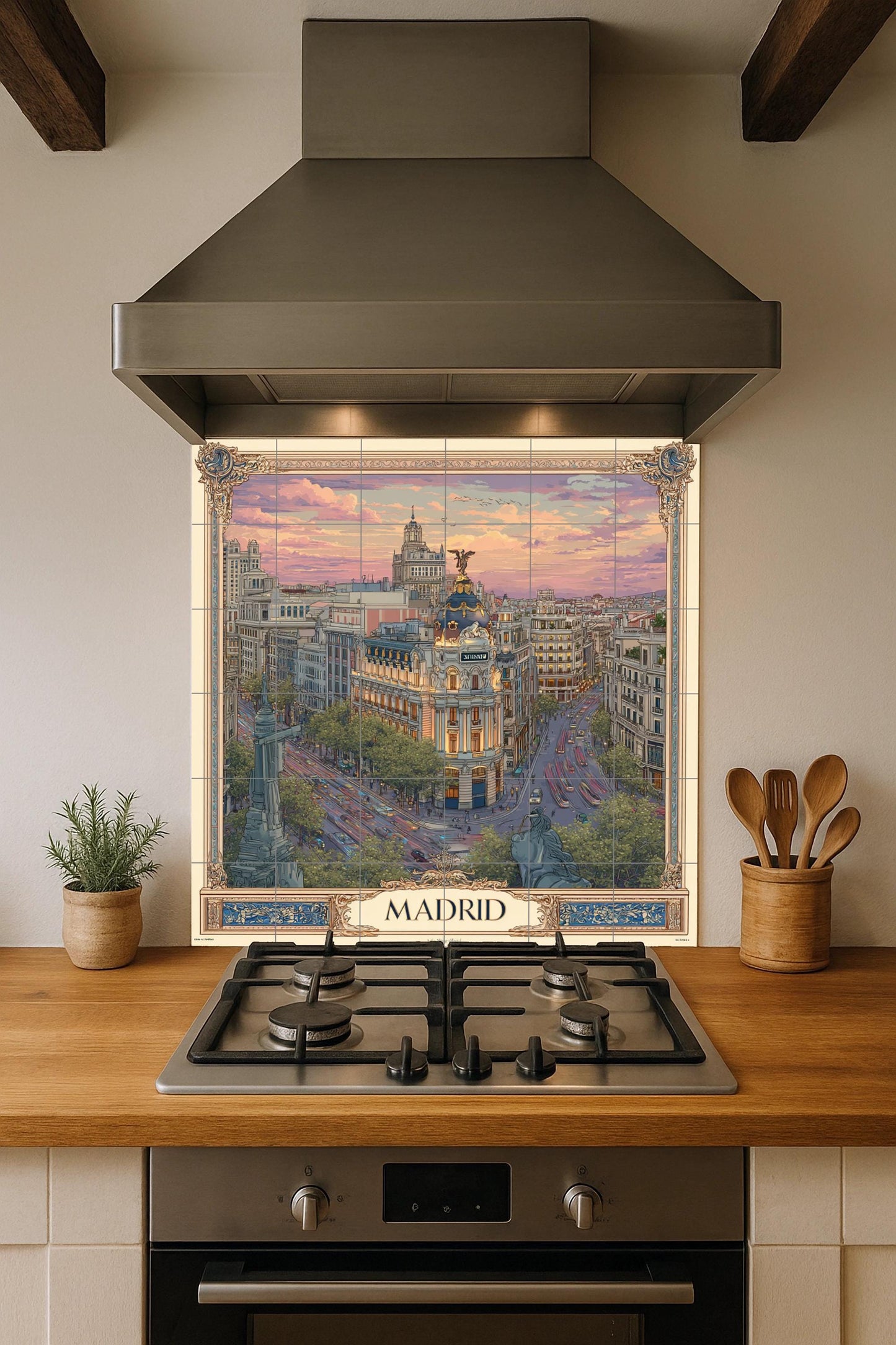 Madrid tile mural – Ceramic panel of Gran Vía at sunset – Spanish cityscape mural art – Elegant urban travel decor with classic frame