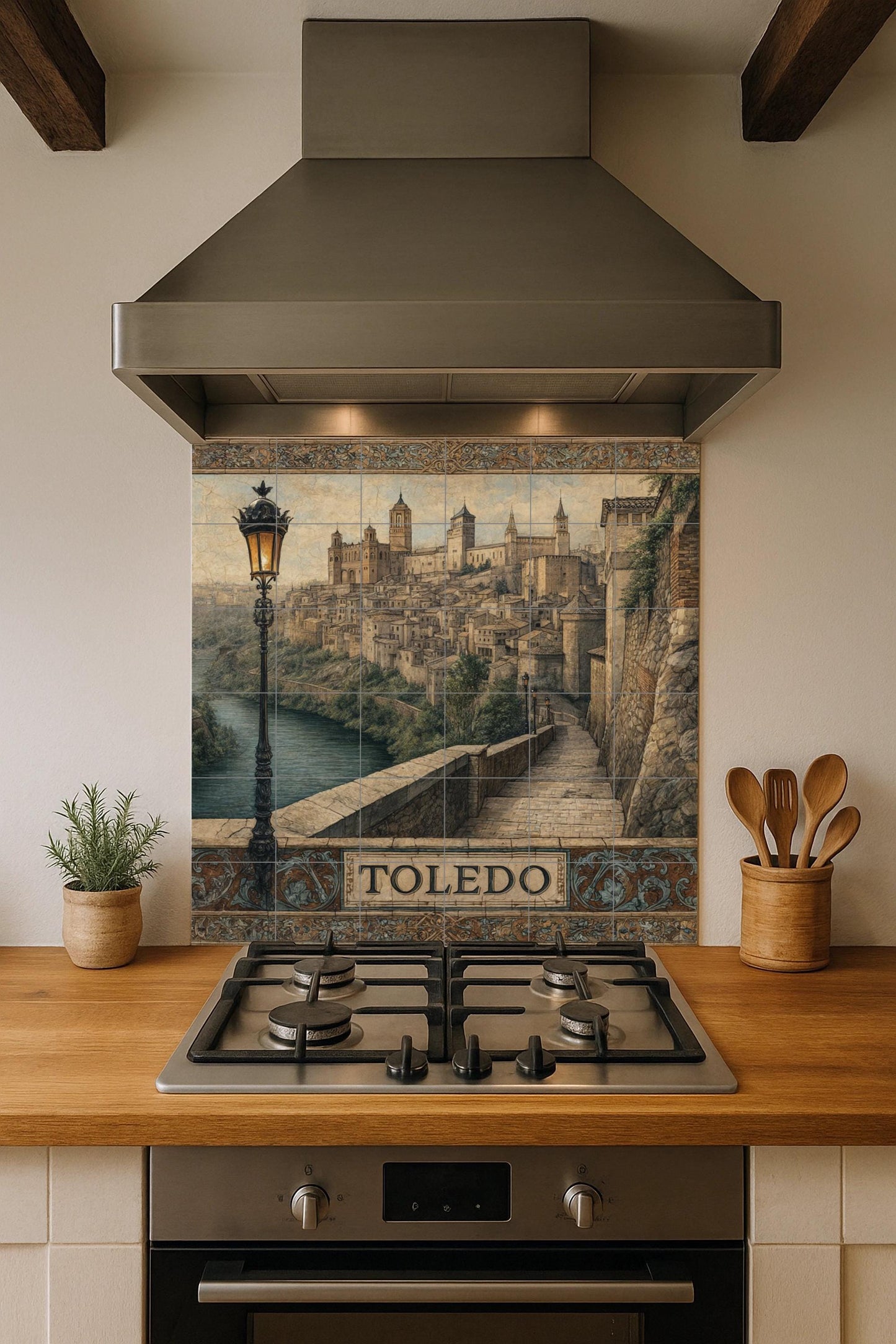 Toledo tile mural – Ceramic panel with Spanish historical cityscape – Medieval mural art overlooking the river – Castilian heritage decoration for rustic homes