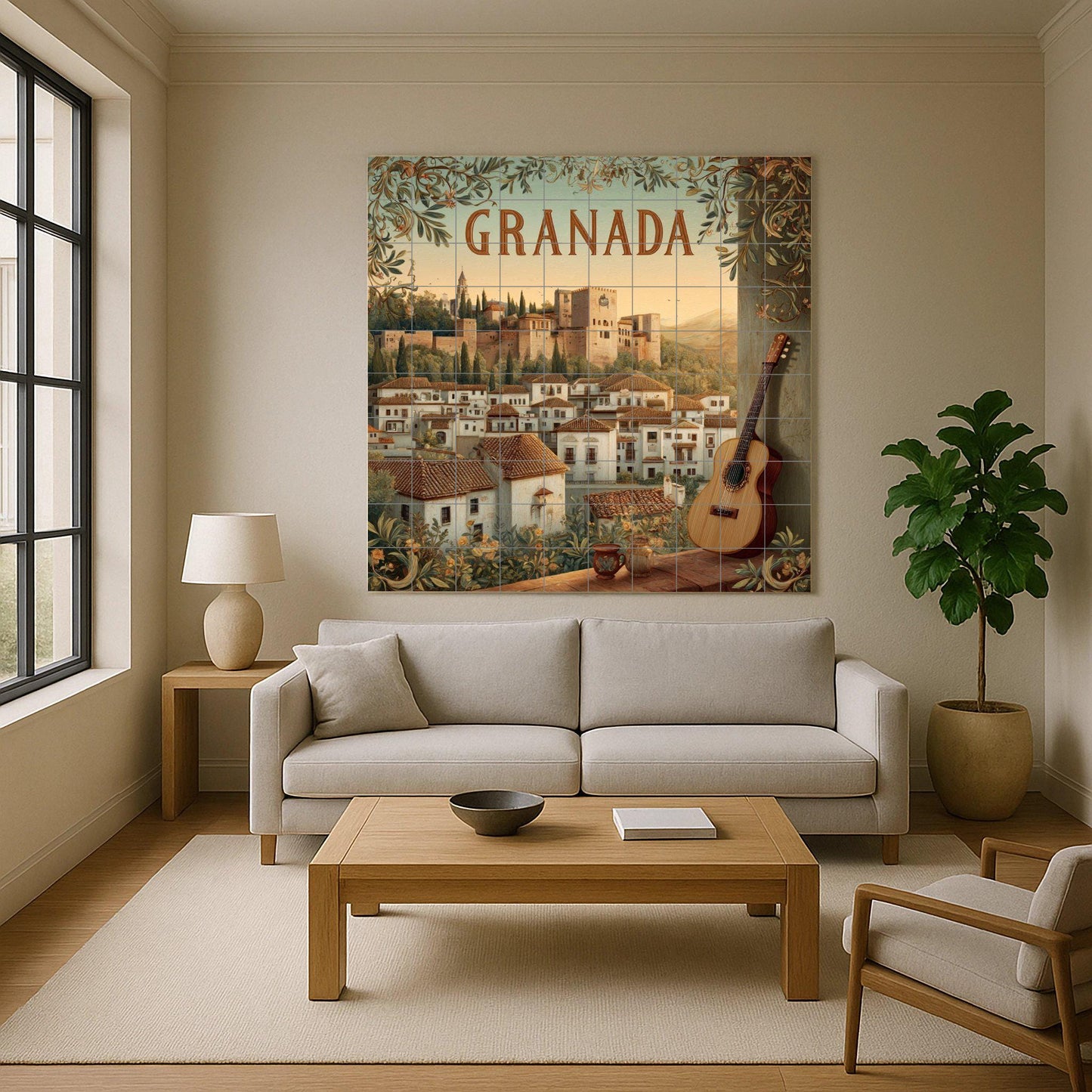 Granada tile mural: Alhambra cityscape with guitar. Spanish heritage ceramic panel. Andalusian mural art for rustic interiors.