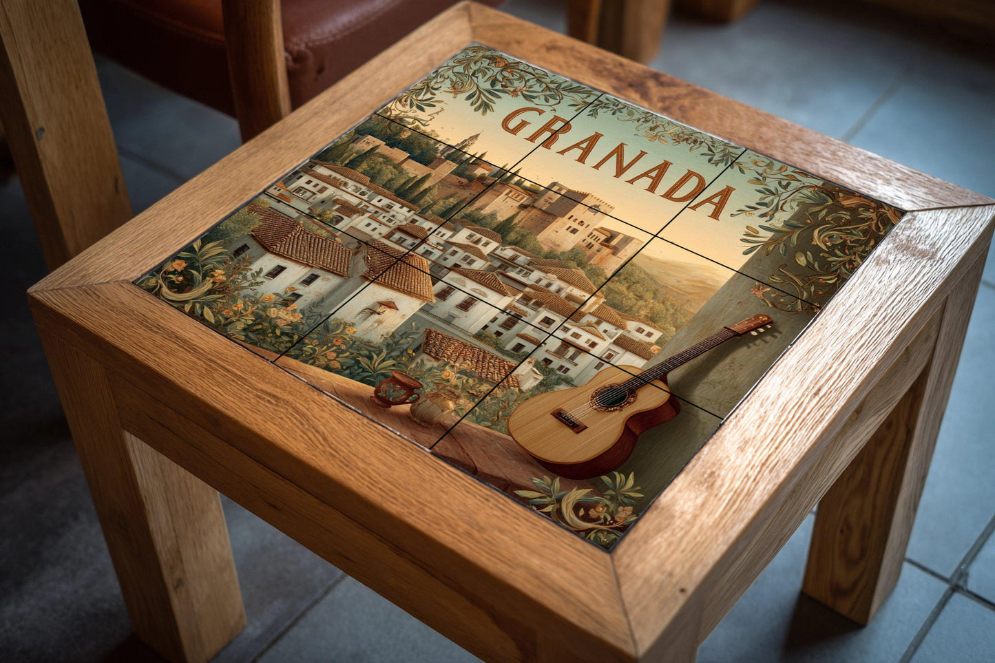 Granada tile mural: Alhambra cityscape with guitar. Spanish heritage ceramic panel. Andalusian mural art for rustic interiors.