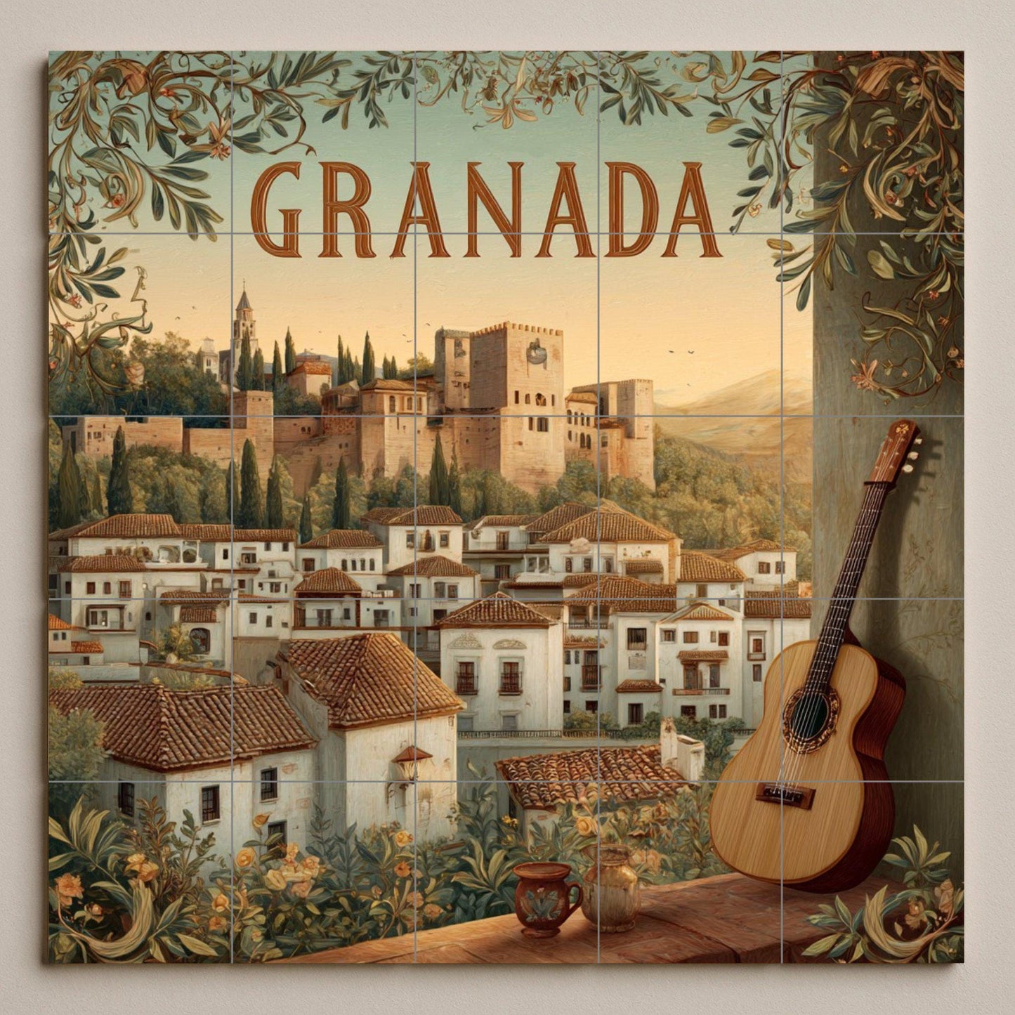 Granada tile mural: Alhambra cityscape with guitar. Spanish heritage ceramic panel. Andalusian mural art for rustic interiors.
