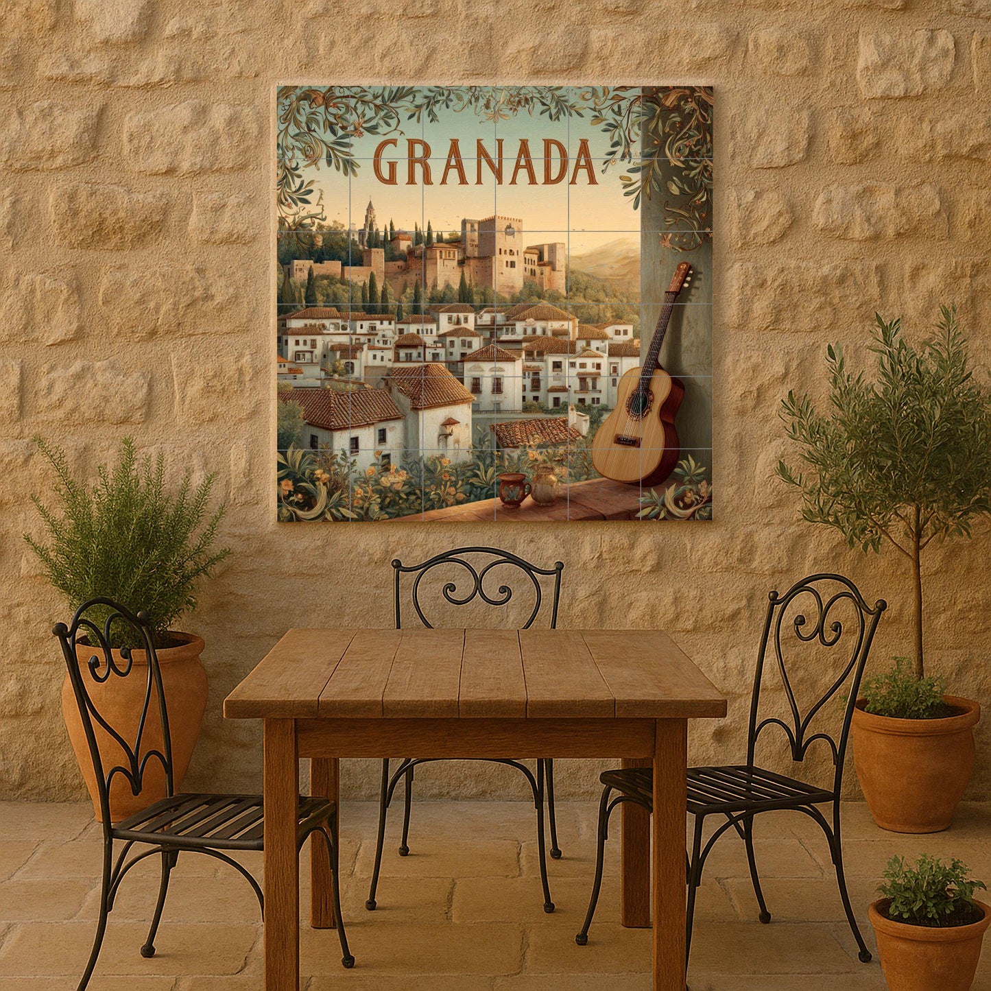 Granada tile mural: Alhambra cityscape with guitar. Spanish heritage ceramic panel. Andalusian mural art for rustic interiors.