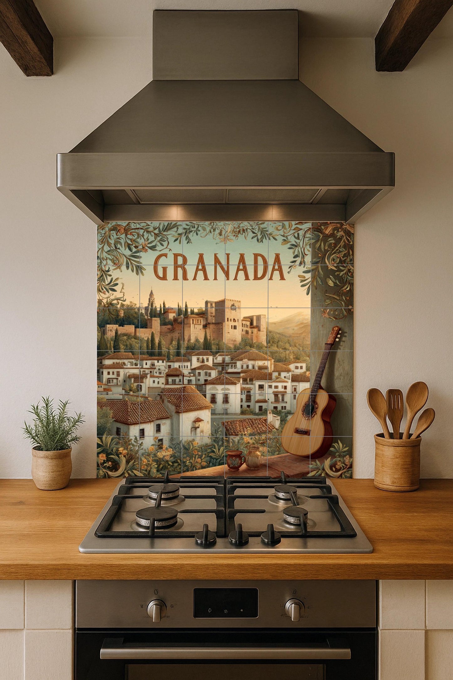 Granada tile mural: Alhambra cityscape with guitar. Spanish heritage ceramic panel. Andalusian mural art for rustic interiors.