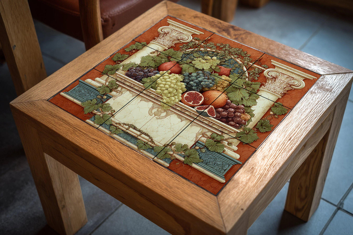 Roman Fruit Tile Mural – Classic Still Life Ceramic Panel – Grapes and Pomegranates with Columns – Mediterranean Wall Decor
