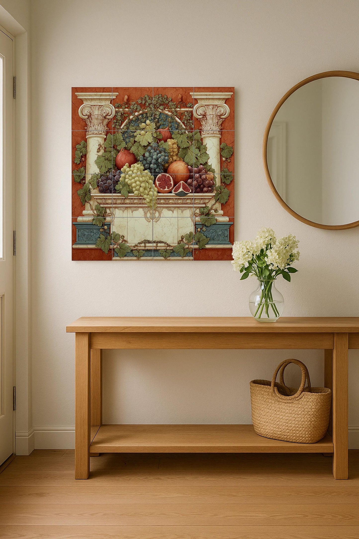 Roman Fruit Tile Mural – Classic Still Life Ceramic Panel – Grapes and Pomegranates with Columns – Mediterranean Wall Decor