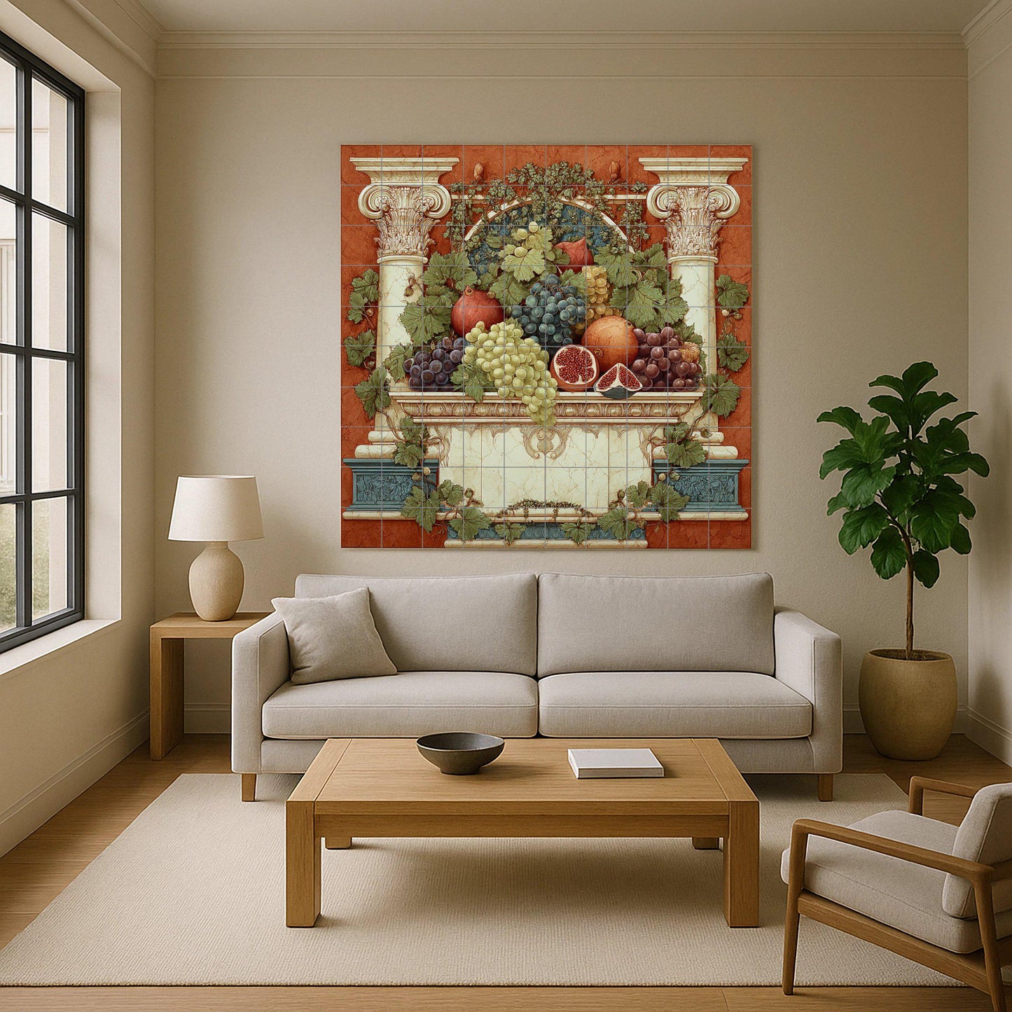 Roman Fruit Tile Mural – Classic Still Life Ceramic Panel – Grapes and Pomegranates with Columns – Mediterranean Wall Decor