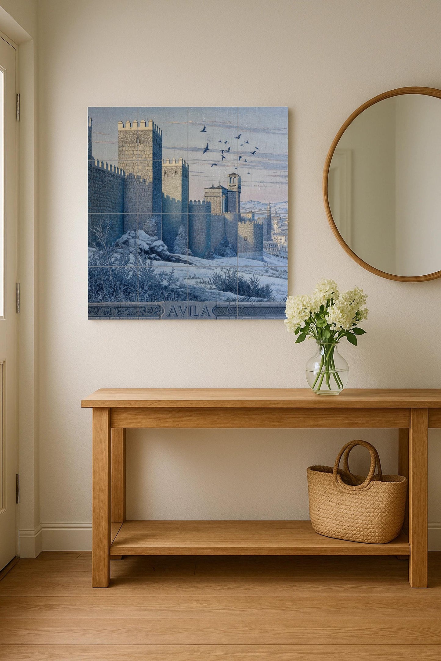Tile mural from Ávila: Scene of a medieval Spanish fortress. Monochromatic heritage ceramic. Castilian urban panel for historic interiors.
