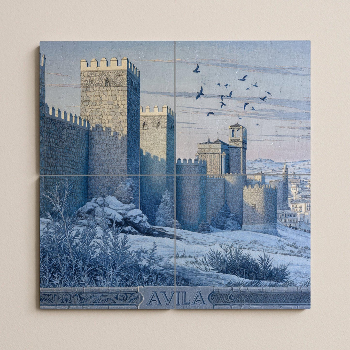 Tile mural from Ávila: Scene of a medieval Spanish fortress. Monochromatic heritage ceramic. Castilian urban panel for historic interiors.