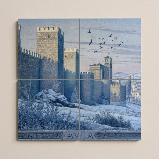 Tile mural from Ávila: Scene of a medieval Spanish fortress. Monochromatic heritage ceramic. Castilian urban panel for historic interiors.