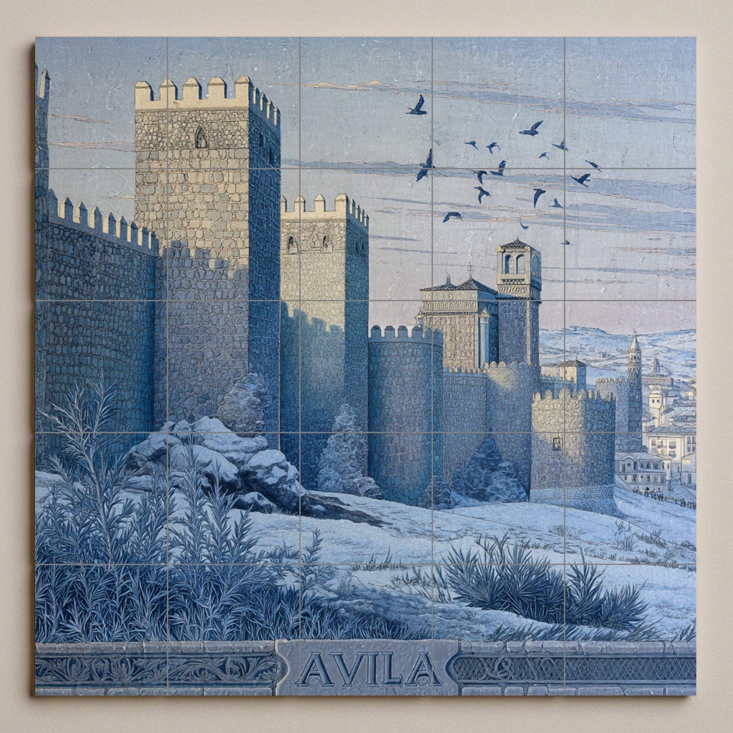 Tile mural from Ávila: Scene of a medieval Spanish fortress. Monochromatic heritage ceramic. Castilian urban panel for historic interiors.