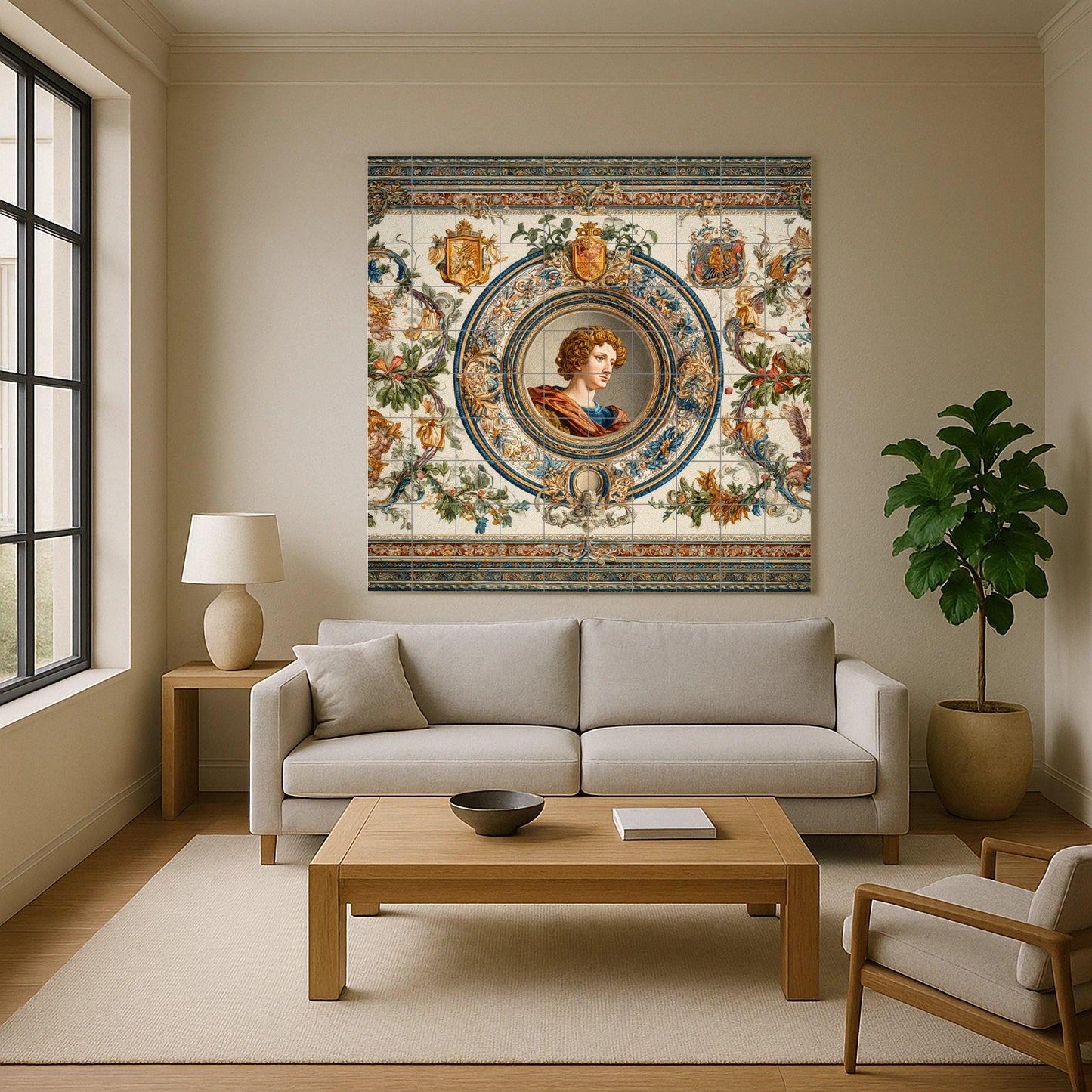 Renaissance portrait tile mural: medallion style ceramic panel, ornate classical wall art, heraldic and floral details for elegant homes.