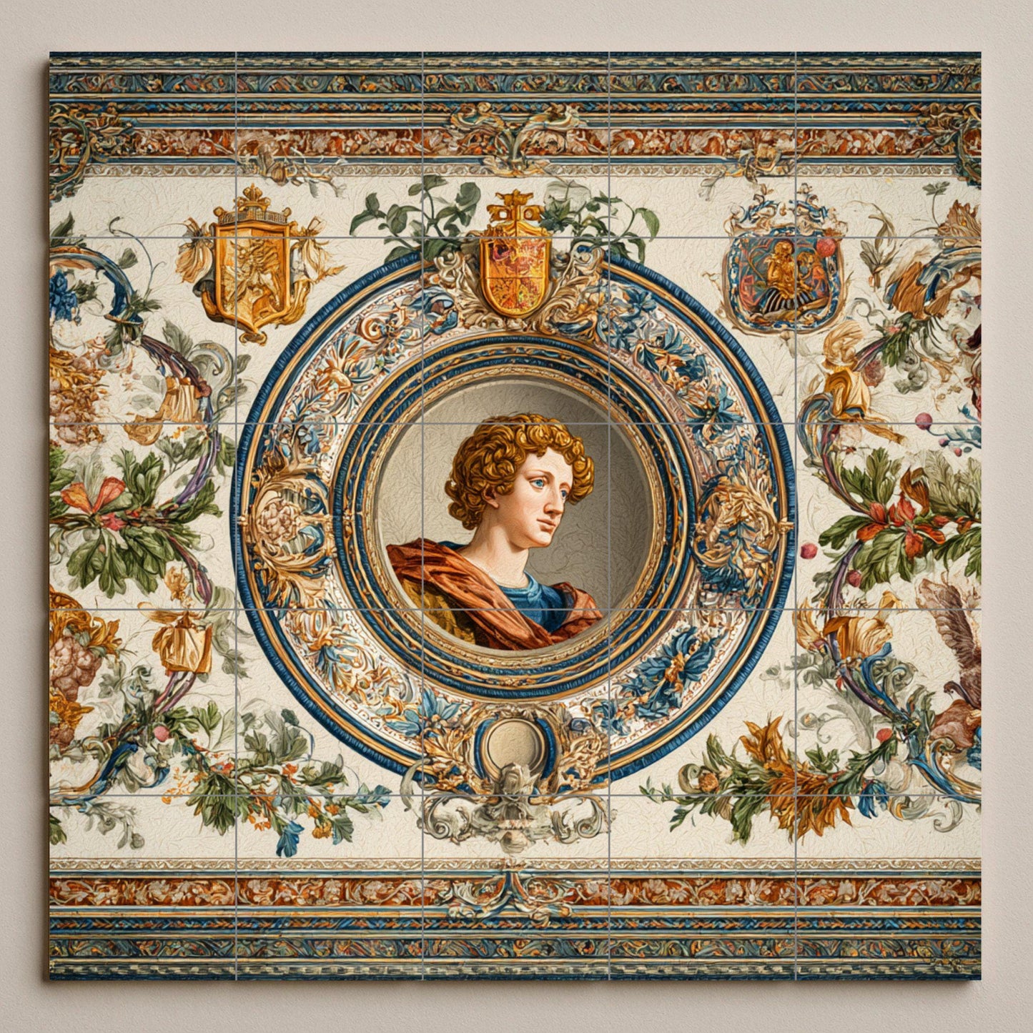 Renaissance portrait tile mural: medallion style ceramic panel, ornate classical wall art, heraldic and floral details for elegant homes.