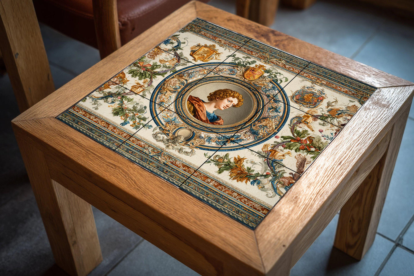 Renaissance portrait tile mural: medallion style ceramic panel, ornate classical wall art, heraldic and floral details for elegant homes.