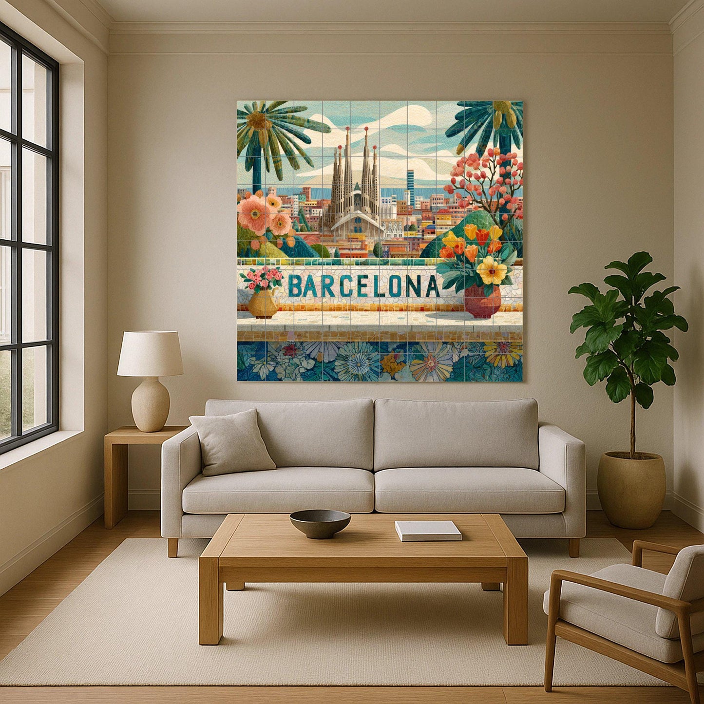 Barcelona tile mural: Sagrada Familia cityscape with flowers. Mosaic-style ceramic panel. Spanish travel art for bright interiors.