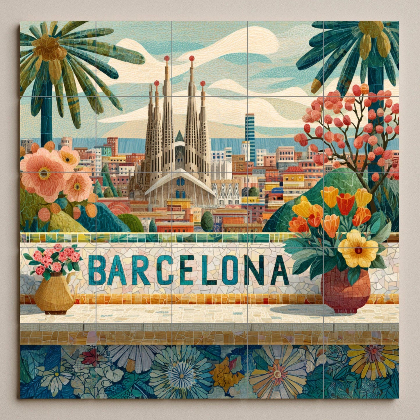 Barcelona tile mural: Sagrada Familia cityscape with flowers. Mosaic-style ceramic panel. Spanish travel art for bright interiors.