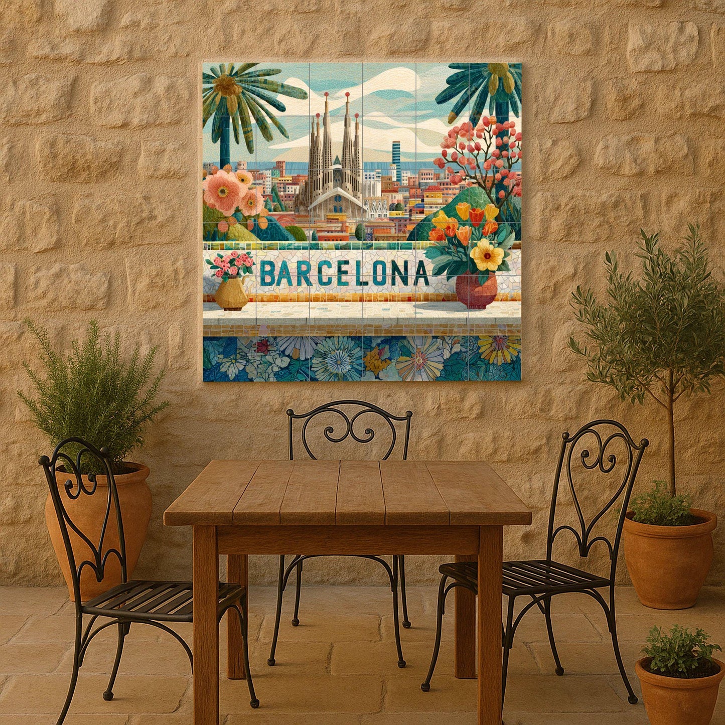 Barcelona tile mural: Sagrada Familia cityscape with flowers. Mosaic-style ceramic panel. Spanish travel art for bright interiors.