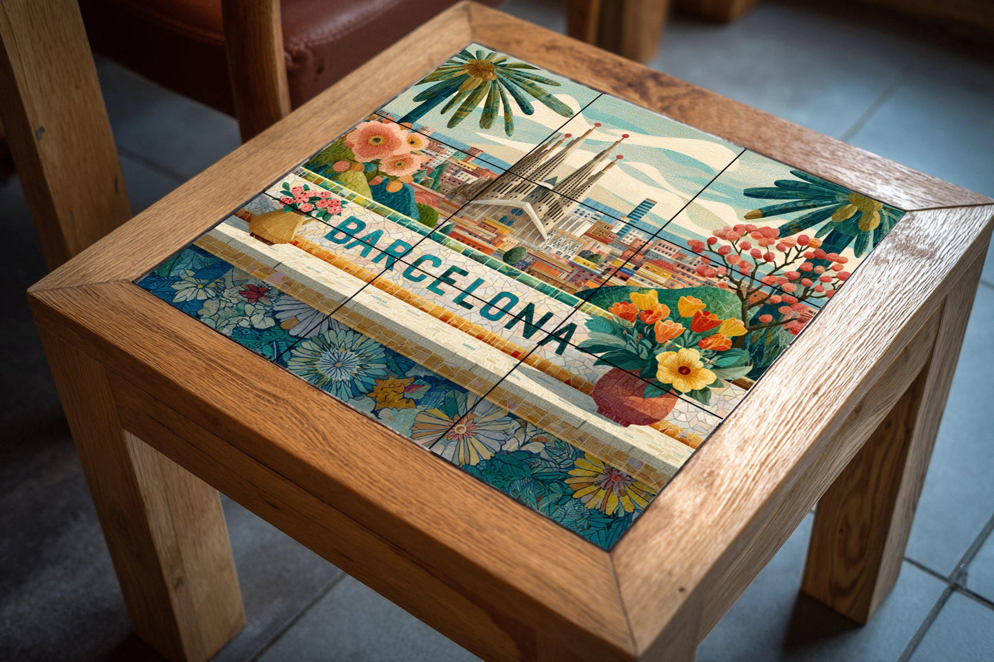 Barcelona tile mural: Sagrada Familia cityscape with flowers. Mosaic-style ceramic panel. Spanish travel art for bright interiors.