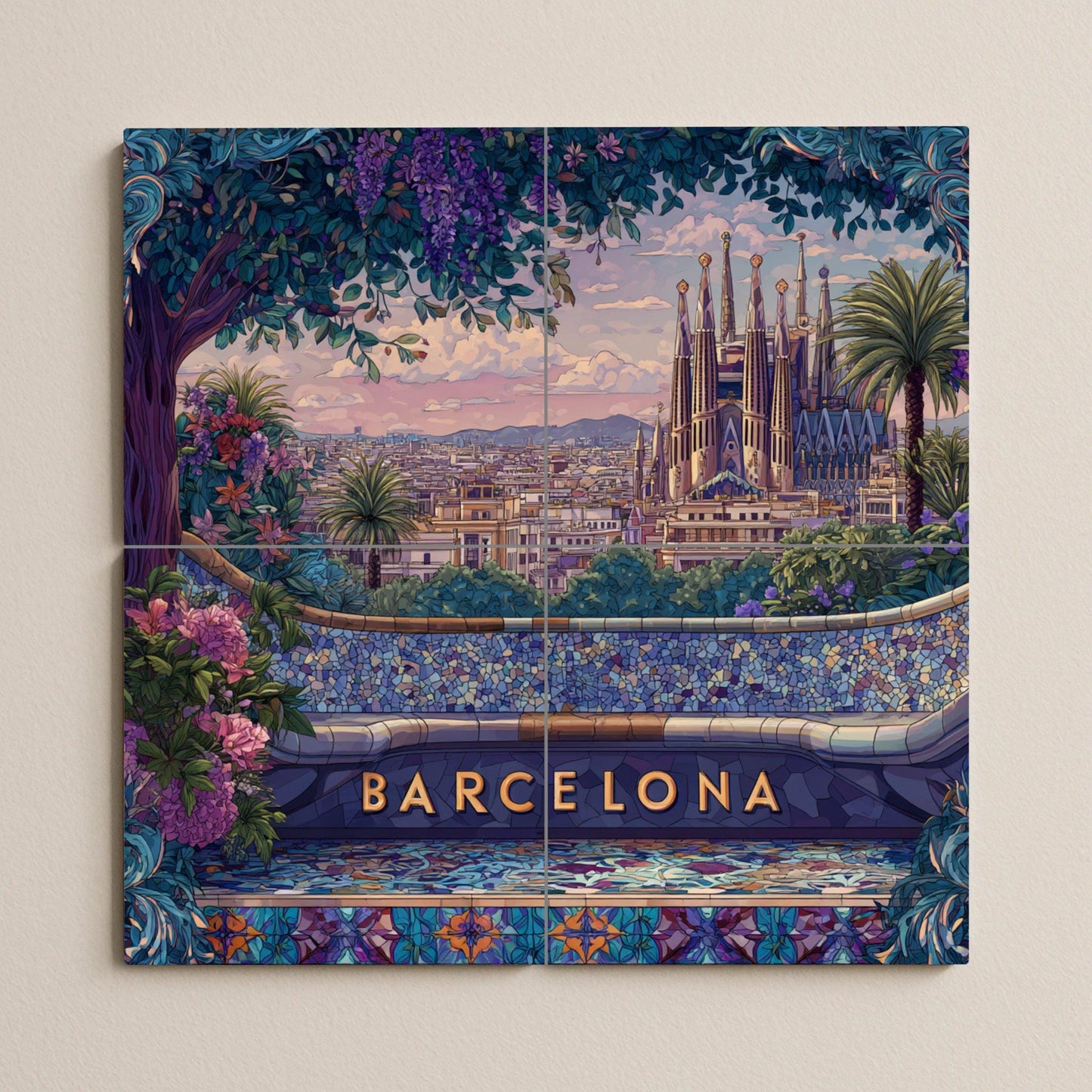 Barcelona tile mural: View of Park Güell and the Sagrada Familia. Mediterranean ceramics. Mosaic mural art for travel lovers.