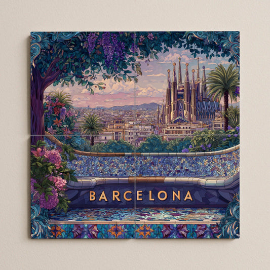 Barcelona tile mural: View of Park Güell and the Sagrada Familia. Mediterranean ceramics. Mosaic mural art for travel lovers.