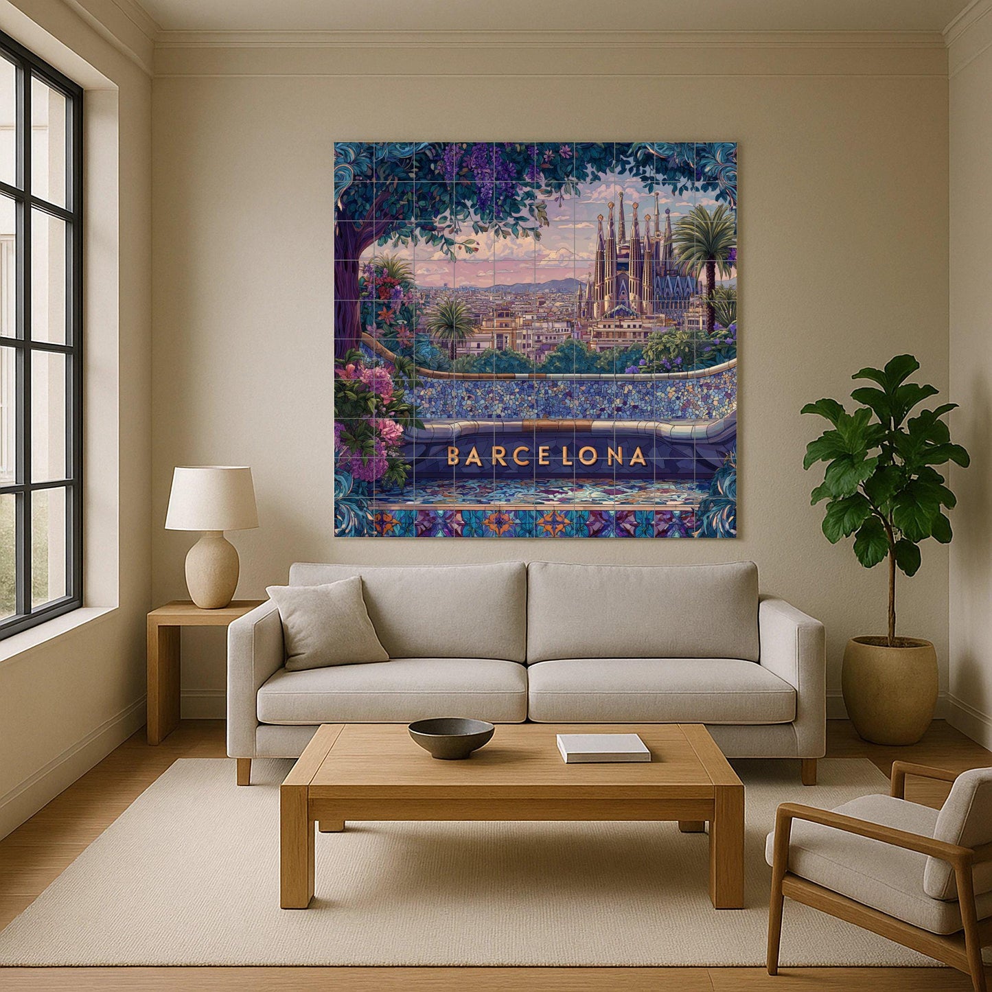 Barcelona tile mural: View of Park Güell and the Sagrada Familia. Mediterranean ceramics. Mosaic mural art for travel lovers.