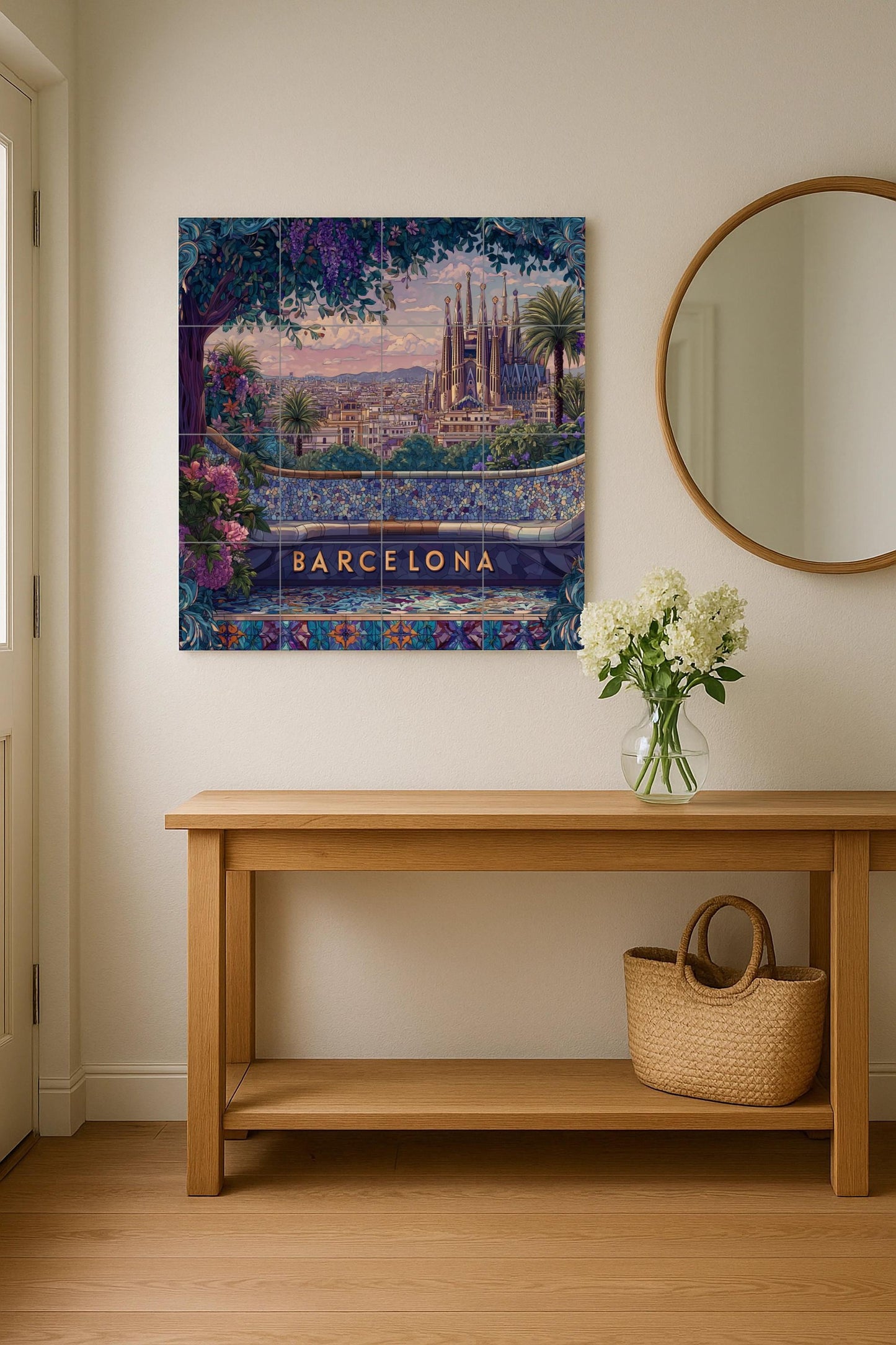 Barcelona tile mural: View of Park Güell and the Sagrada Familia. Mediterranean ceramics. Mosaic mural art for travel lovers.