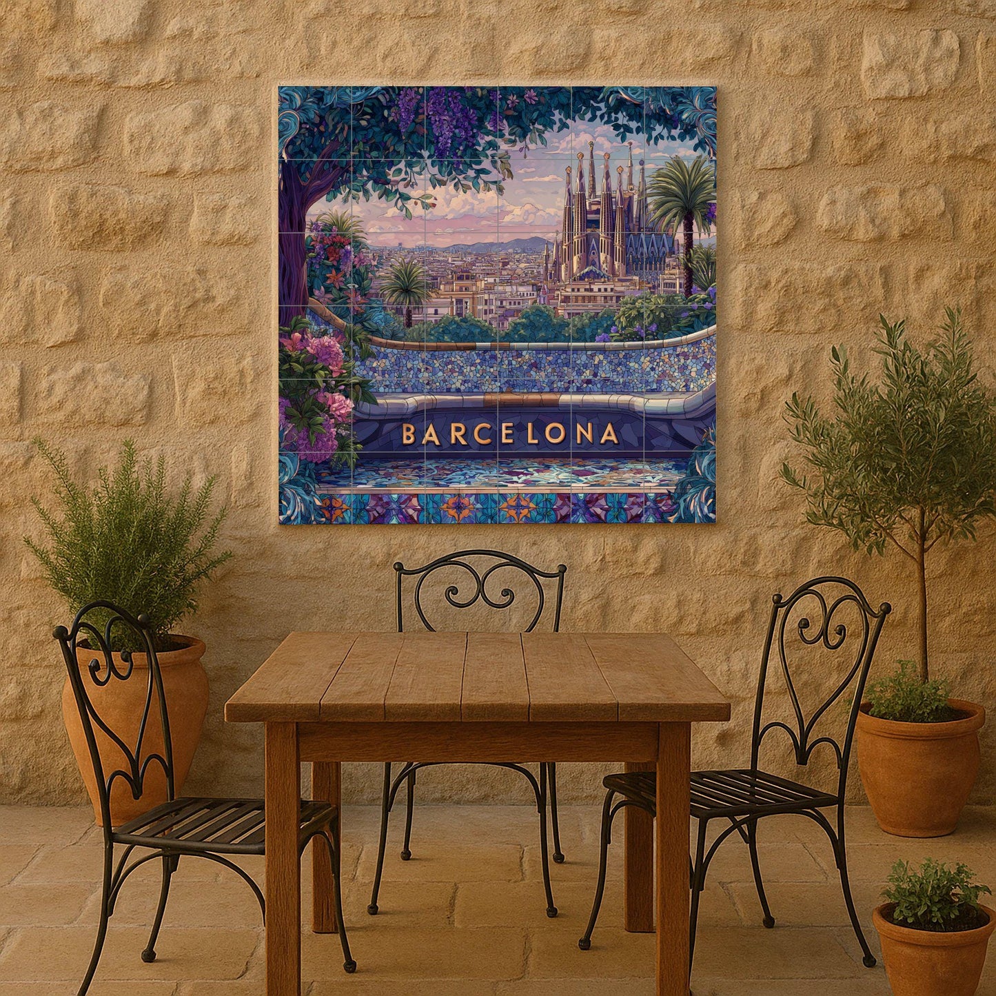 Barcelona tile mural: View of Park Güell and the Sagrada Familia. Mediterranean ceramics. Mosaic mural art for travel lovers.