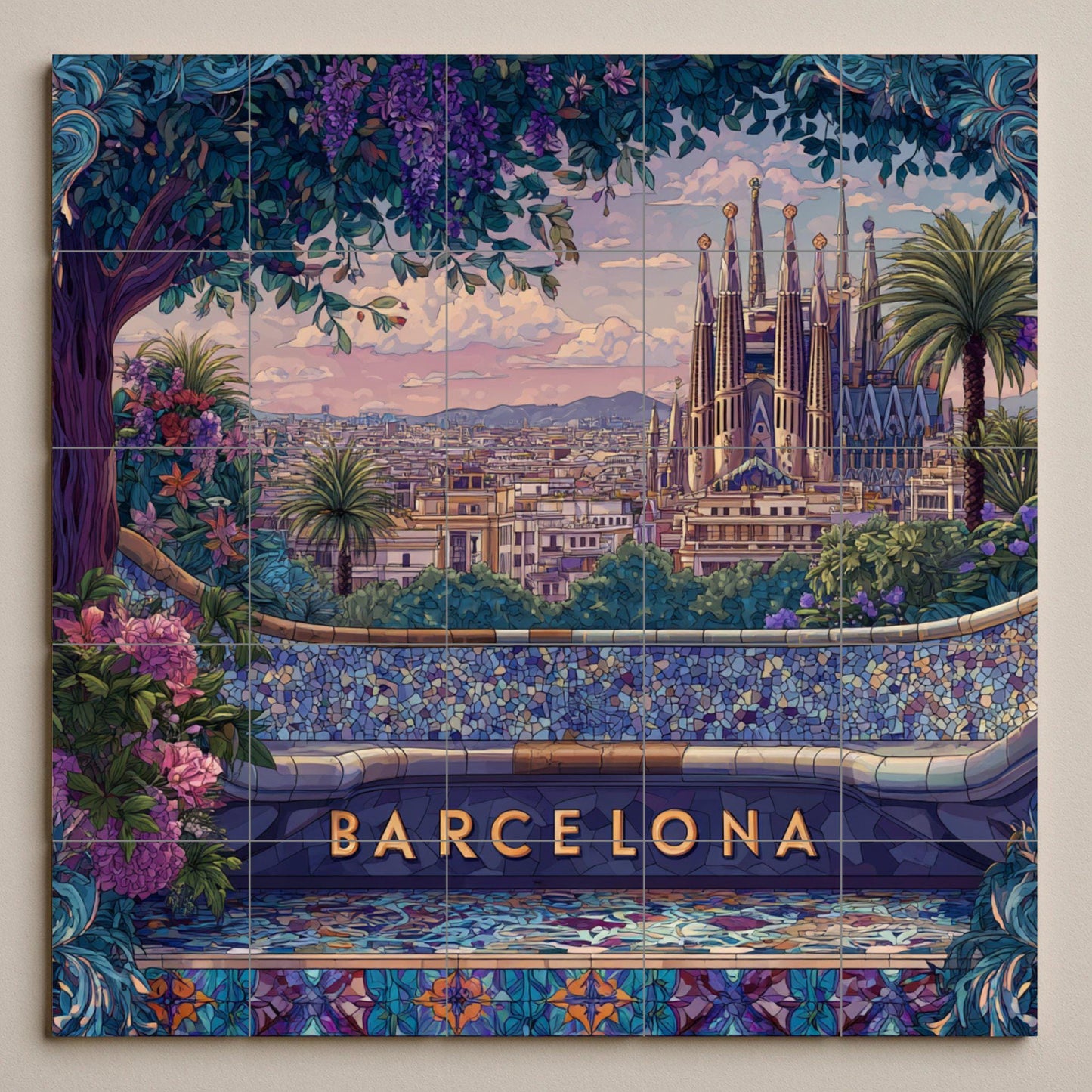 Barcelona tile mural: View of Park Güell and the Sagrada Familia. Mediterranean ceramics. Mosaic mural art for travel lovers.