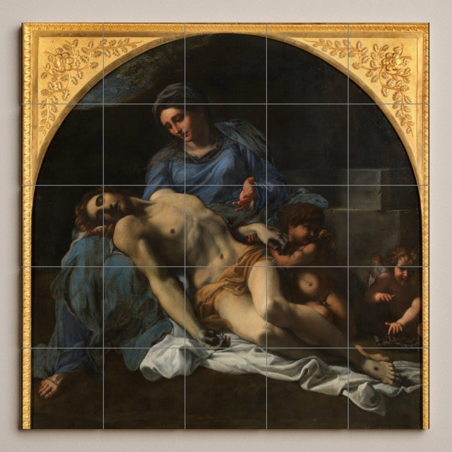 Ceramic tile mural of the Pietà – Renaissance sacred art panel – Mural decoration of the Virgin and Christ – Baroque religious scene for devotional spaces