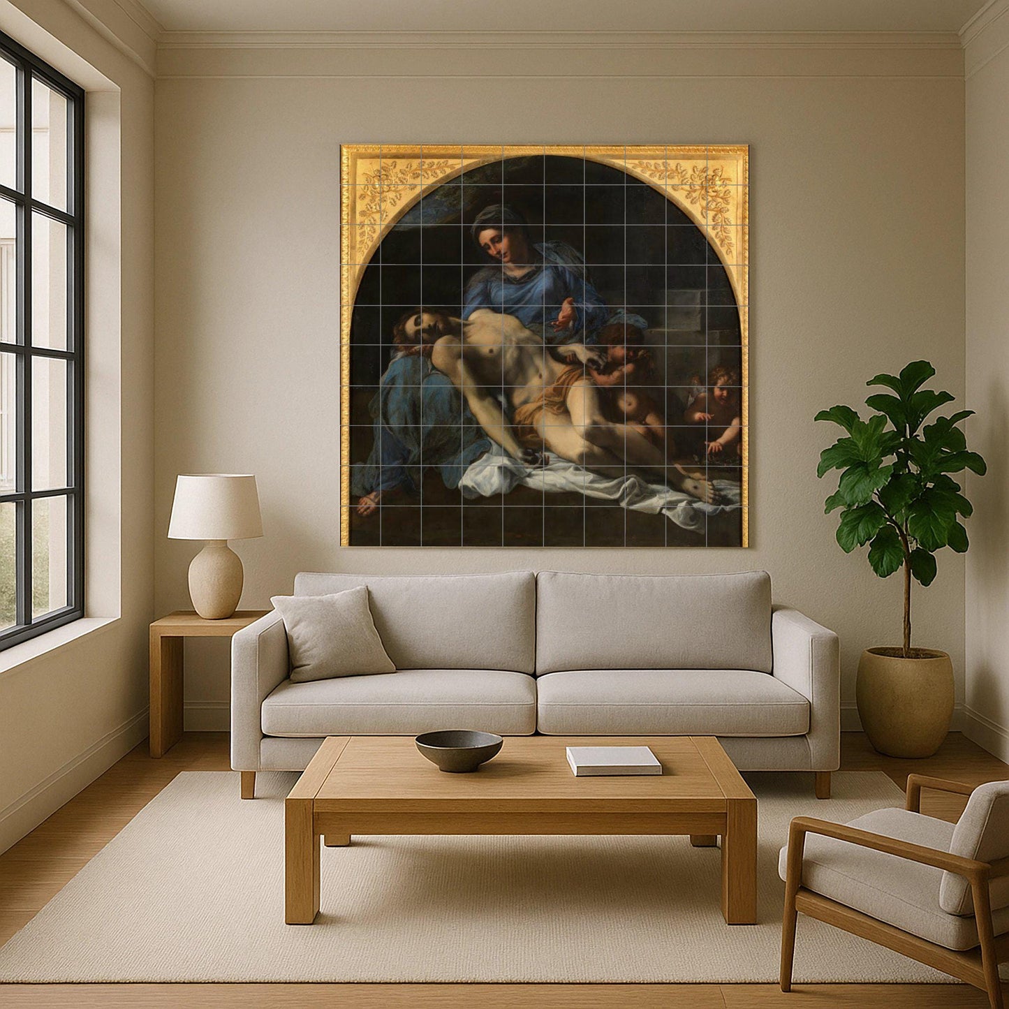 Ceramic tile mural of the Pietà – Renaissance sacred art panel – Mural decoration of the Virgin and Christ – Baroque religious scene for devotional spaces