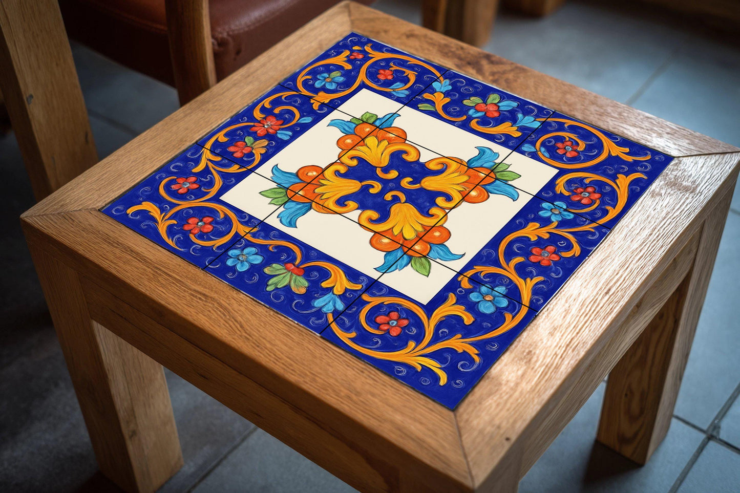 Sicilian Floral Tile Mural – Majolica Style Ceramic Panel – Mediterranean Wall Decor – Baroque Folk Art for Kitchen or Patio