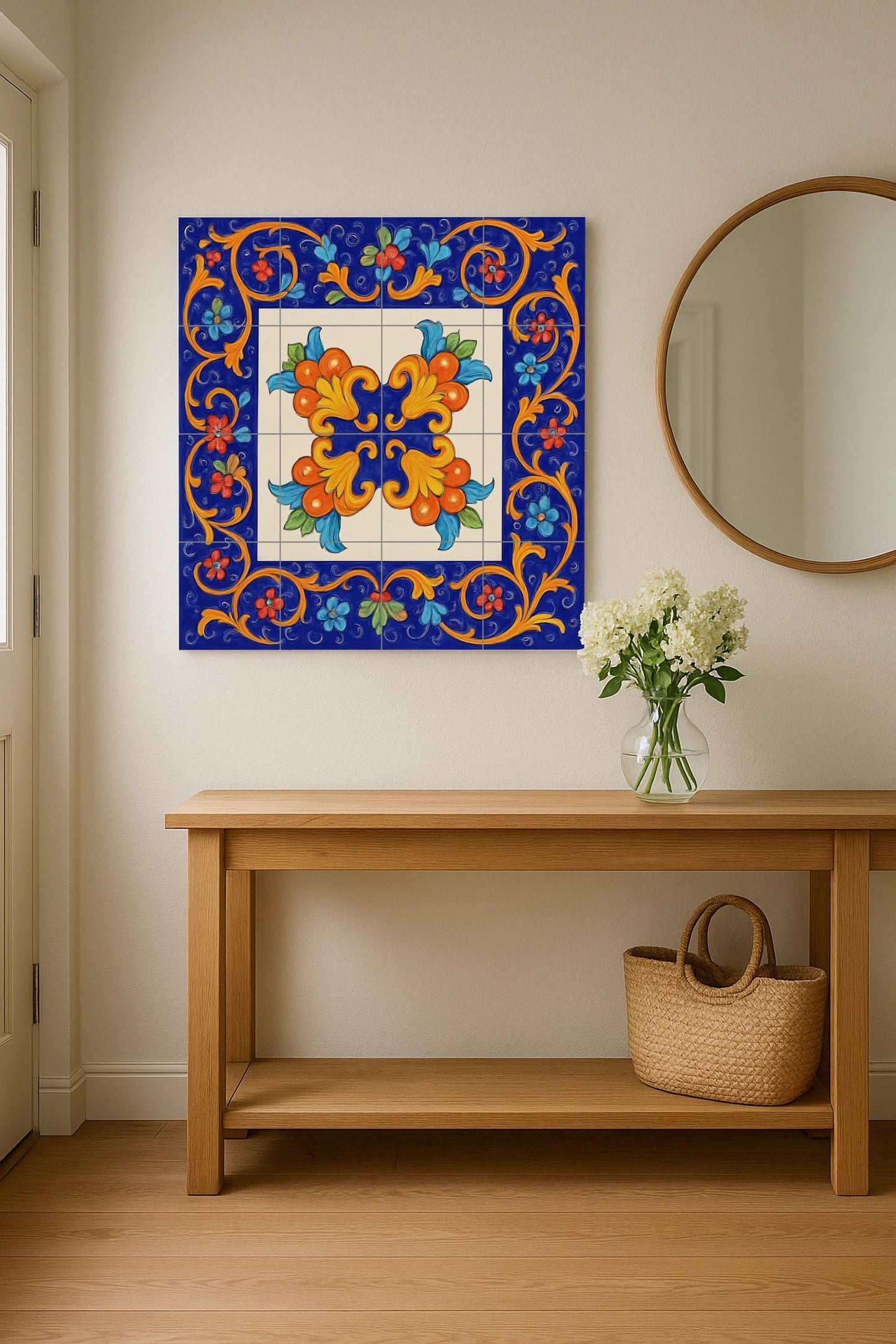 Sicilian Floral Tile Mural – Majolica Style Ceramic Panel – Mediterranean Wall Decor – Baroque Folk Art for Kitchen or Patio