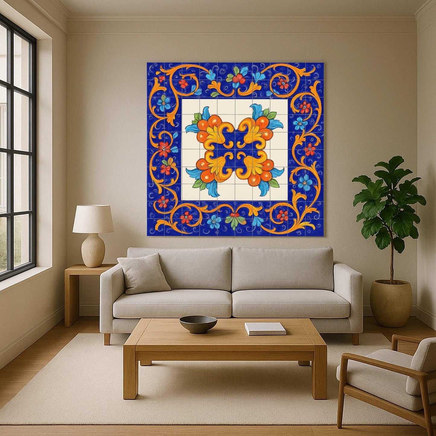 Sicilian Floral Tile Mural – Majolica Style Ceramic Panel – Mediterranean Wall Decor – Baroque Folk Art for Kitchen or Patio