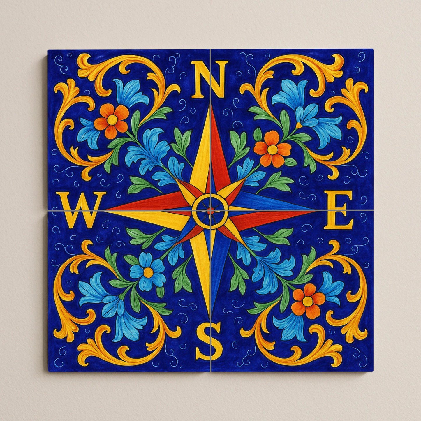 Tile mural with compass rose, Mediterranean ceramic panel, nautical art, blue floral detail for coastal or rustic decoration.