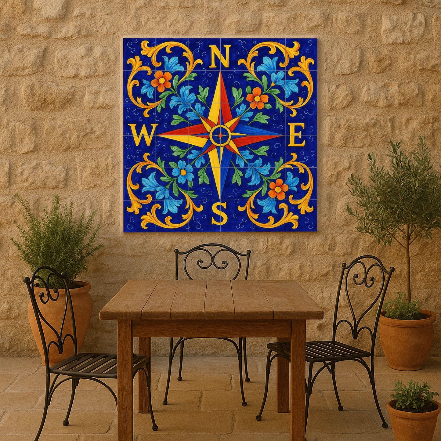 Tile mural with compass rose, Mediterranean ceramic panel, nautical art, blue floral detail for coastal or rustic decoration.